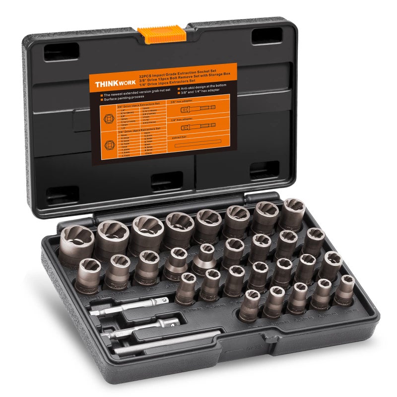 THINKWORK Bolt Extractor Kit  32-Piece Nut Extractor Socket Set  1/4"" & 3/8"" Drive Rounded Bolt Remover  Lug Nut Removal Tool for Damaged  Rusted  Rounded-Off  Stripped Fasteners - Image 1
